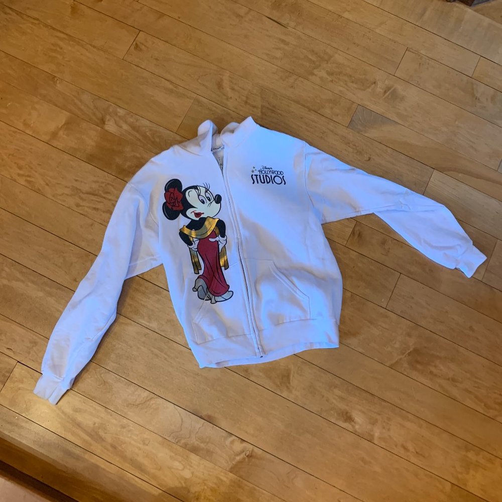 DISNEY PARKS HOLLYWOOD STUDIO White Minnie ZipUp Hoodie Size Small Like New
